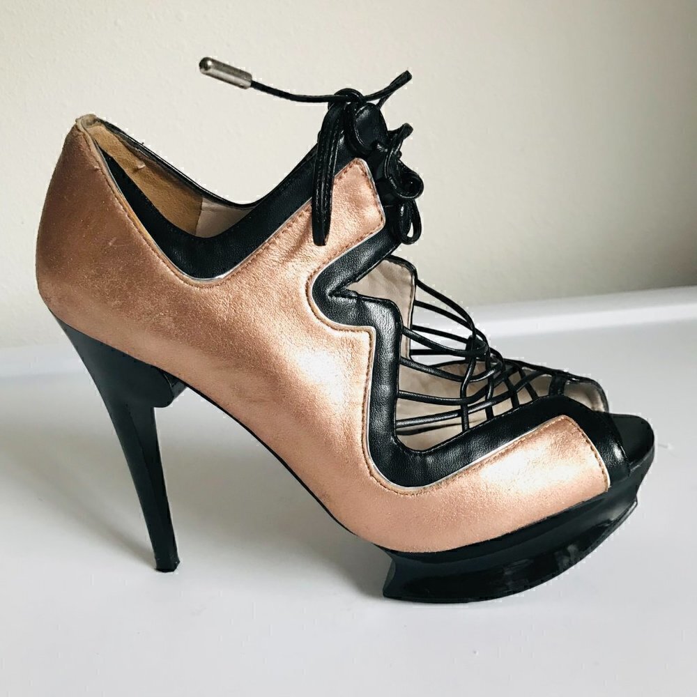 Charles & Keith Rose Gold Leather Platform Lace Up Peep Toe Heels Size 6 EUR 36